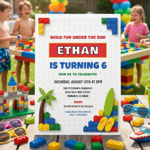 Building Blocks Boy 6th Birthday Kids Bricks Party Invitation
