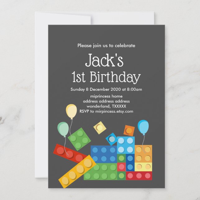 building blocks boy birthday invitation (Front)