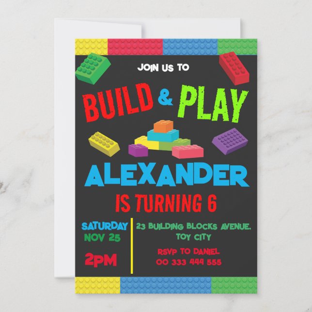 Building Blocks Boy Birthday Toy Black Invitation (Front)