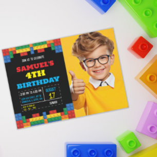 Building Blocks Construction Photo Birthday Invitation
