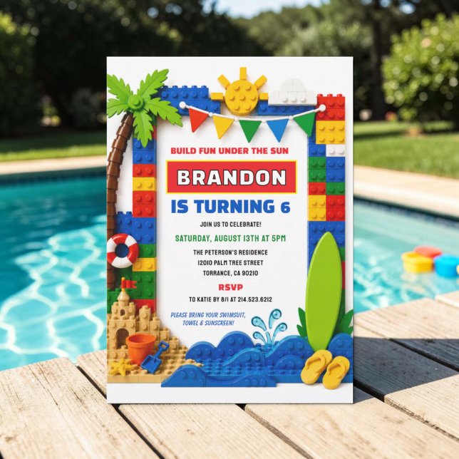 Building Blocks Summer Pool Party 6th Birthday Invitation (Creator Uploaded)