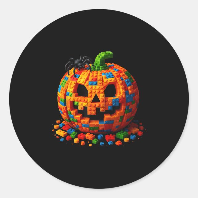 Building Bricks Halloween Pumpkin Master Builder B Classic Round Sticker (Front)