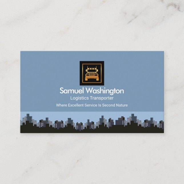 Building City Skyline Gold Semi Truck Logistics Business Card (Front)
