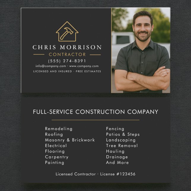 Building Construction Black Gold Photo Contractor Business Card (Creator Uploaded)