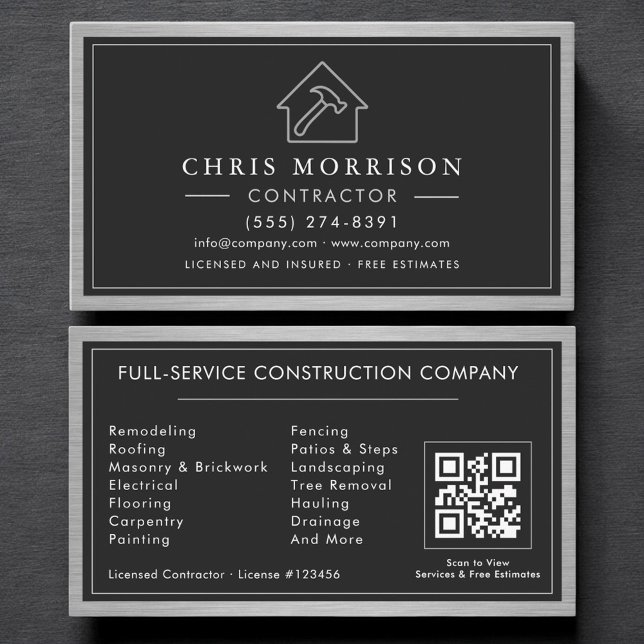 Building Construction Black Silver Metal QR Code Business Card (Creator Uploaded)