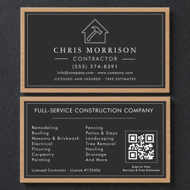 Building Construction Black Silver Wood QR Code Business Card (Creator Uploaded)
