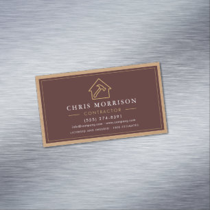 Building Construction Burgundy Gold Wood QR Code Magnetic Business Card