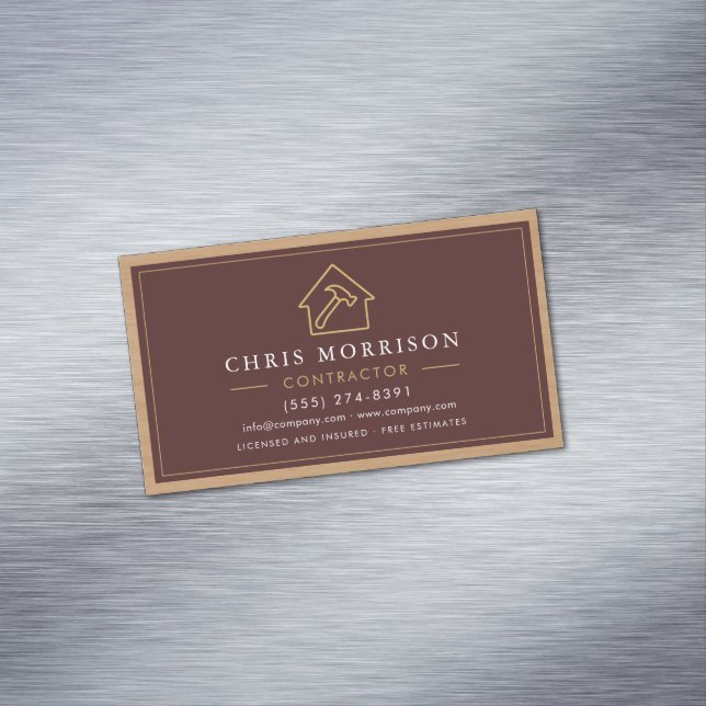 Building Construction Burgundy Gold Wood QR Code Magnetic Business Card (In Situ)