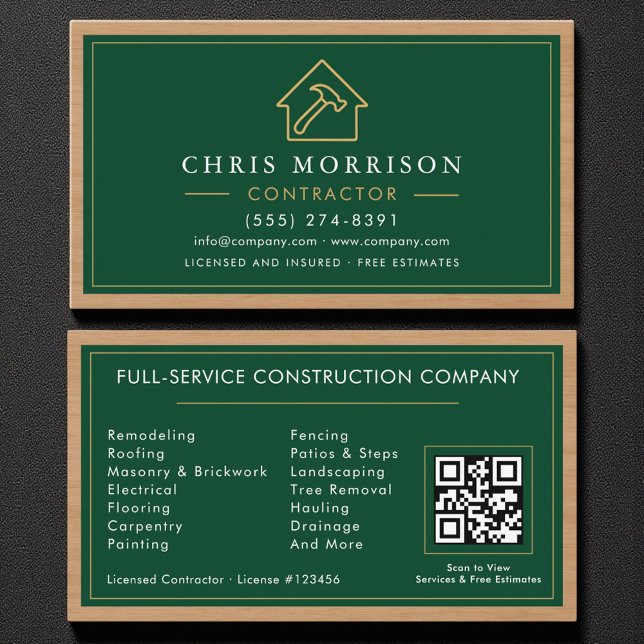 Building Construction Green Gold Wood QR Code Business Card (Creator Uploaded)