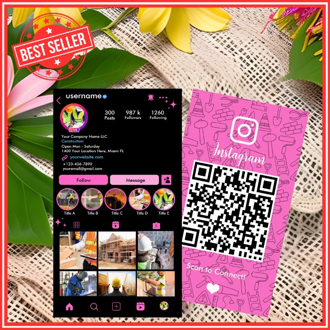 Building Construction Instagram Pink | QR Code Business Card (Creator Uploaded)