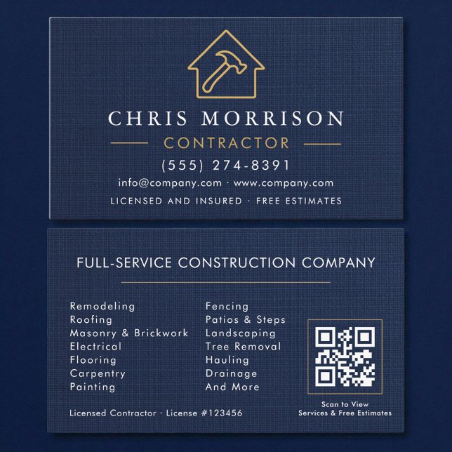 Building Construction Navy Blue Linen Business Card (Creator Uploaded)