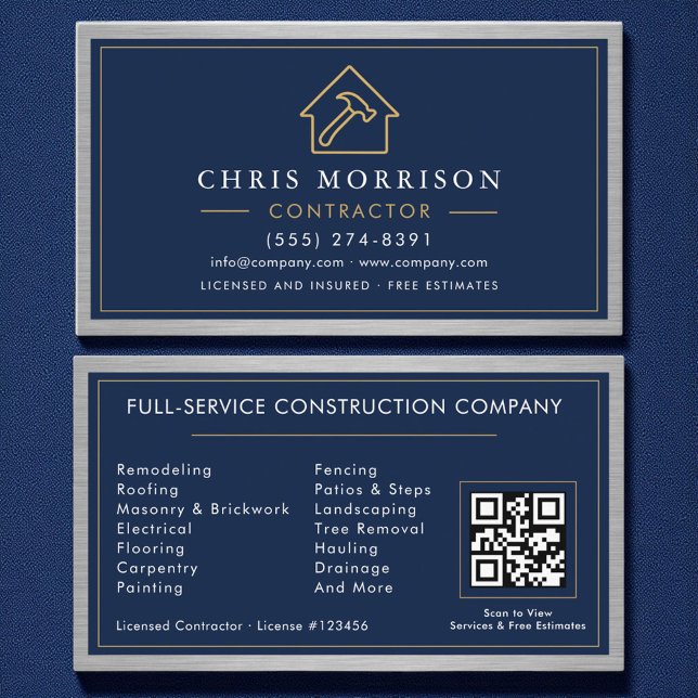 Building Construction Navy Blue Metal QR Code Business Card (Creator Uploaded)