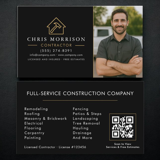 Building Construction QR Code Photo Black Gold Business Card (Creator Uploaded)