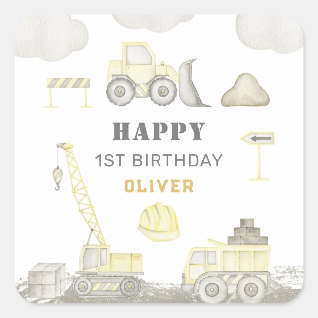 Building Fun Construction Kids 1st Birthday Party Square Sticker (Front)