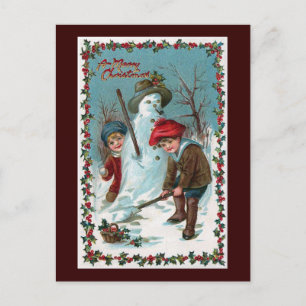 "Building the Snowman" Vintage Postcard