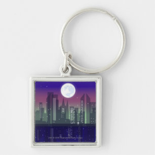 Buildings lit up at night key ring