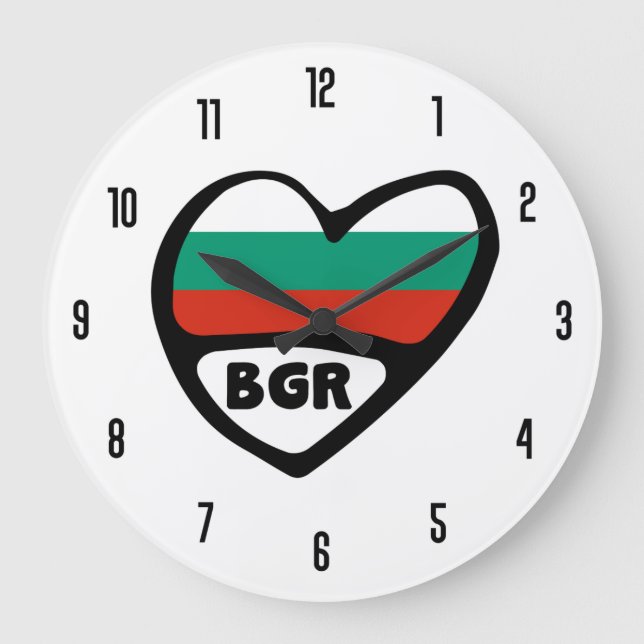 Bulgaria Country Code BGR Flag Heart Large Clock (Front)