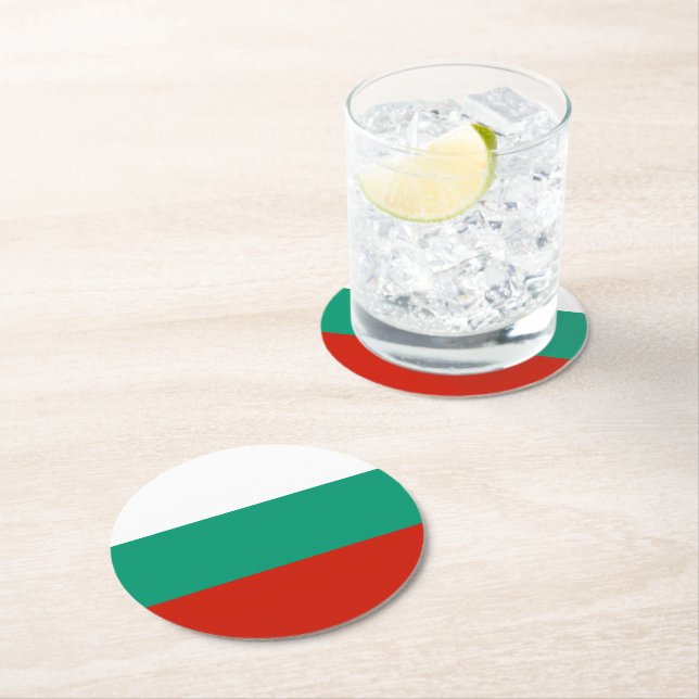 Bulgaria flag round paper coaster (Insitu)