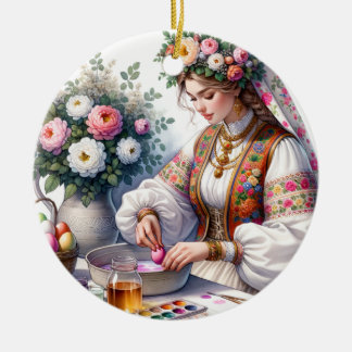 Bulgarian Easter Watercolor Woman Flowers Eggs  Ceramic Tree Decoration