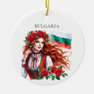 Bulgarian Flag Tradition Folklore Woman Red Roses  Ceramic Tree Decoration