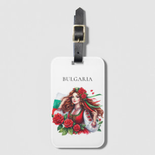 Bulgarian Flag Tradition Folklore Woman Red Roses Luggage Tag