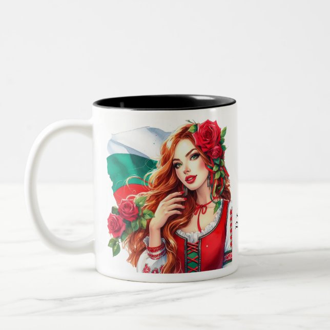 Bulgarian Flag Tradition Folklore Woman Red Roses  Two-Tone Coffee Mug (Left)