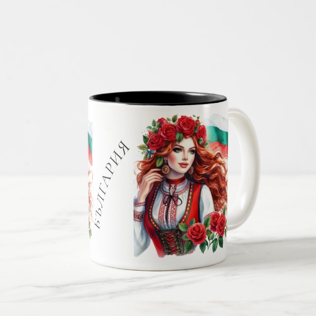 Bulgarian Flag Tradition Folklore Woman Red Roses  Two-Tone Coffee Mug (Front Right)
