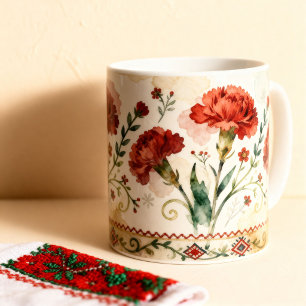 Bulgarian Shevitsa Embroidery Red Carnations Folk Coffee Mug