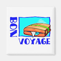 Bulging suitcase full of luggage: “Bon Voyage!”