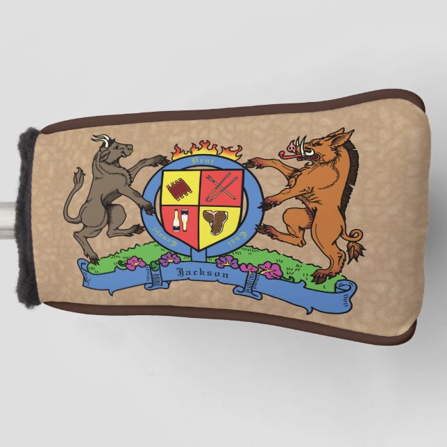 Bull and Boar Rampant BBQ Coat of Arms Golf Head Cover (Front)