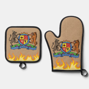 Bull and Boar Rampant BBQ Coat of Arms Oven Mitt & Pot Holder Set