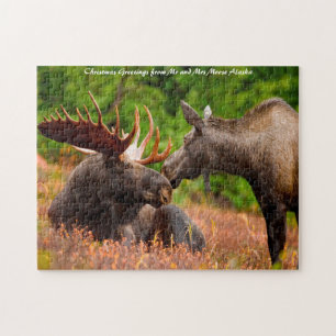 Bull and Cow Moose Alaska. Christmas Greetings Jigsaw Puzzle