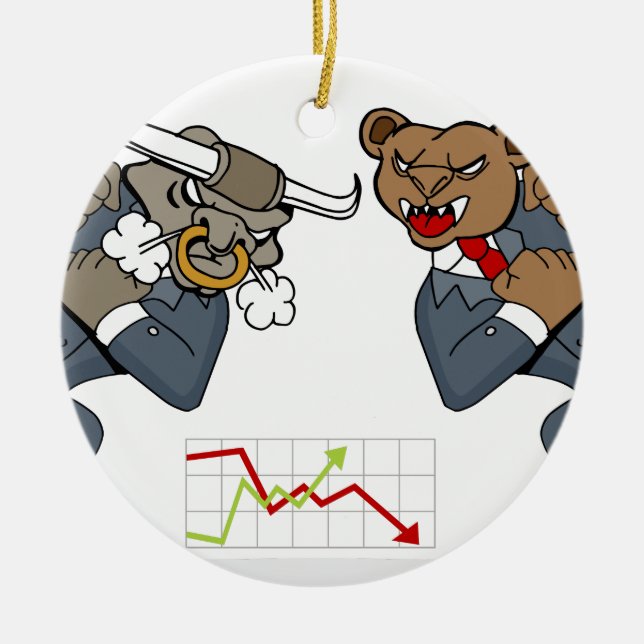 Bull Bear Battle Stock Market Cartoon Ceramic Tree Decoration (Front)