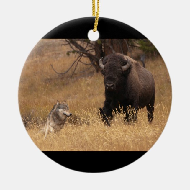 Bull Bison & Wolf Ceramic Tree Decoration (Front)