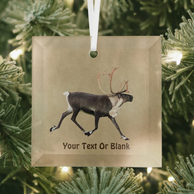Bull Caribou (Reindeer) On Old Paper Glass Tree Decoration (Insitu)