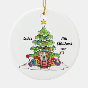 Bull Dog Pet First Christmas Photo under Tree Ceramic Tree Decoration