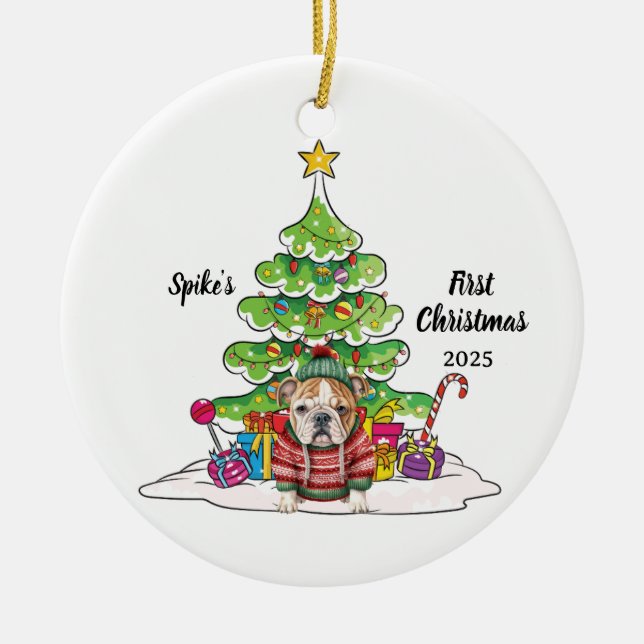 Bull Dog Pet First Christmas Photo under Tree Ceramic Tree Decoration (Front)
