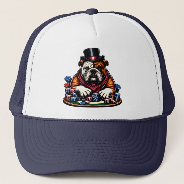 bull dog playing poker gambling casino art trucker hat (Front)