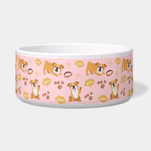 Bull Dog Themed Pattern (Pink) Ceramic Pet Bowl (Front)