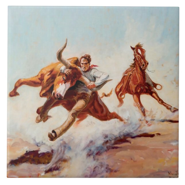 “Bull Dogger” Western Art by Will James Tile (Front)