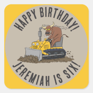 Bull driving bulldozer birthday personalised square sticker
