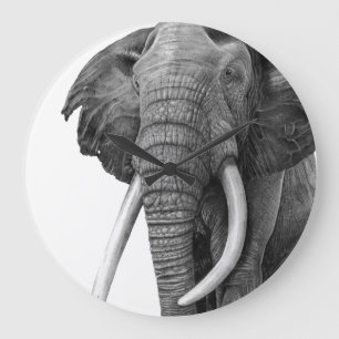 Bull elephant - Drawing in pencil Large Clock