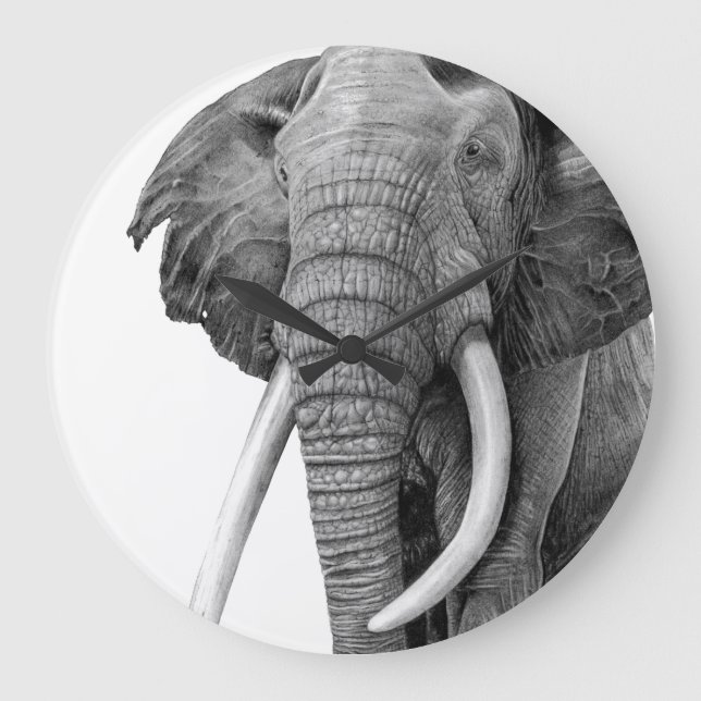 Bull elephant - Drawing in pencil Large Clock (Front)