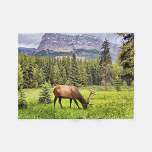 Bull Elk and Castle Mountain In Banff Fleece Blanket