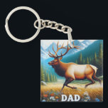 Bull Elk Dad Key Ring<br><div class="desc">A majestic bull elk trots across a meadow with mountains and pine trees in the background, DAD in the foreground. Perfect for Dad Birthday or Father's Day</div>