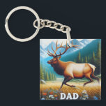 Bull Elk Dad Key Ring<br><div class="desc">A majestic bull elk trots across a meadow with mountains and pine trees in the background,  DAD in the foreground. Perfect for Dad Birthday or Father's Day</div>