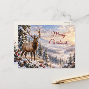 Bull Elk Snowy Mountain Christmas Winter Scene Holiday Postcard