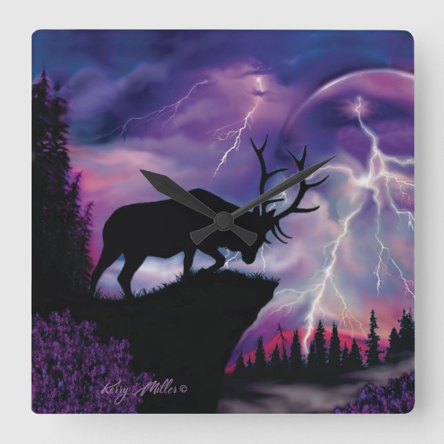 Bull Elk Square Wall Clock (Front)