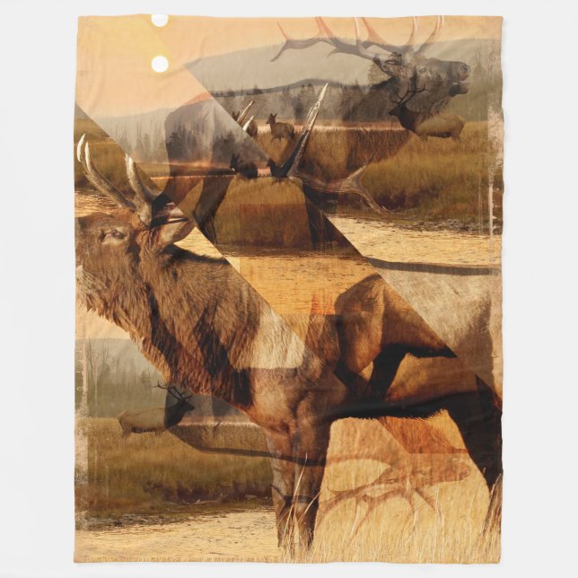 Bull Elk Sunrise Collage Fleece Blanket (Front)