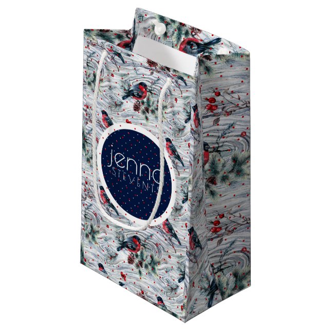 Bull-finch & Christmas Berries Pattern Small Gift Bag (Front Angled)